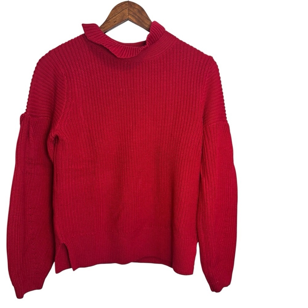 Club Monaco Red 100% Merino Wool Ruffle Neck Balloon Sleeve Sweater Women's Sm - Picture 4 of 11